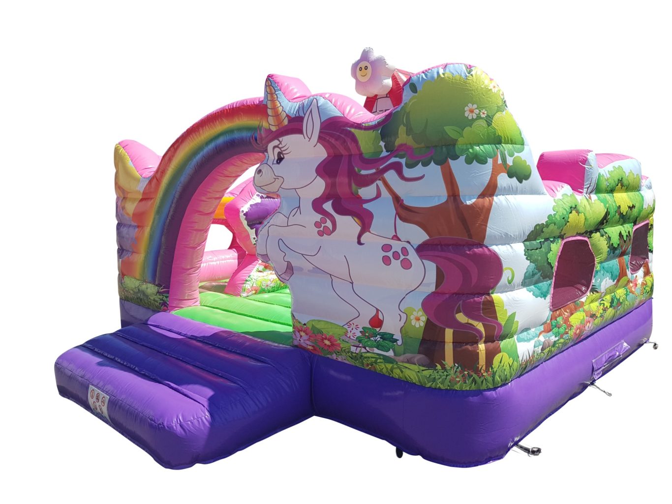 Einhorn-Schloss mit Rutsche Aufblasbare Hüpfburg mit Einhornmotiv und Regenbogen, bunt und kinderfreundlich.