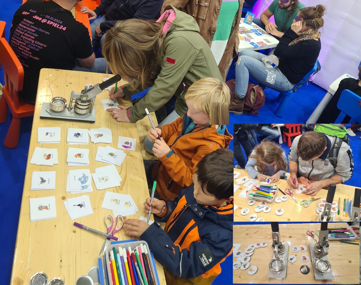 Button-Kreativ-Aktion Kinder und Erwachsene basteln gemeinsam mit Stiften und Bastelmaterialien an Tischen.